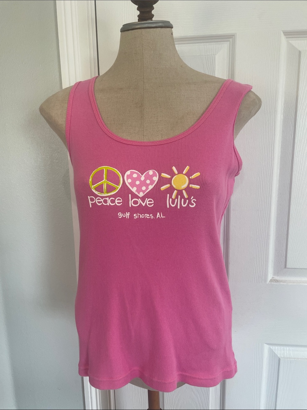 Vintage LAT Pink Ribbed Tank Top Peace Love sunshine Lulu’s Gulf Shores AL L